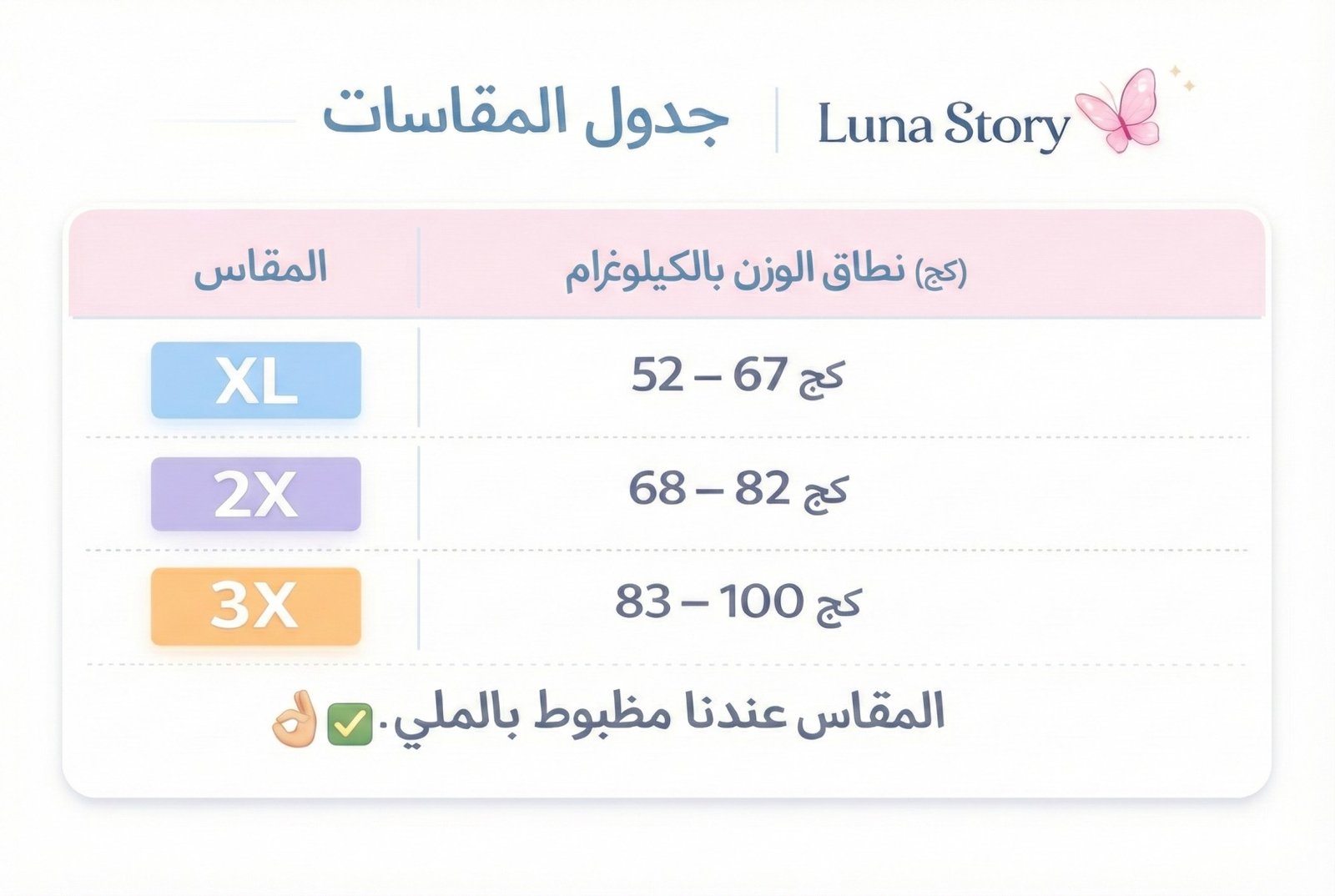 جدول المقاسات