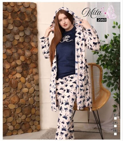 طقم بيجاما نسائي شتوي مع روب – فراشات أنيقة كود 2060